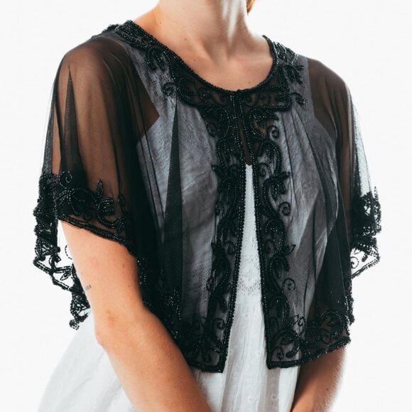 Beaded special occasion shrug / Black evening capelet / Sequin Poncho - Picture 2 of 5